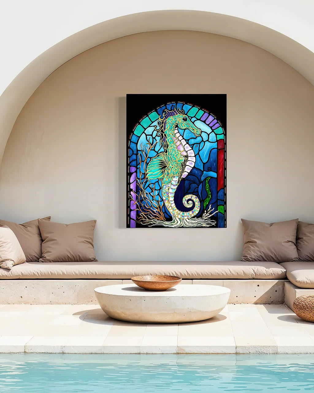 Keeper of the Blue Realm BLACK Canvas Originals Chromaluxe® HD Metal outdoor wall art (48x36 inches), in patio area.