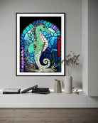 Keeper of the Blue Realm BLACK Canvas Originals fine art matte paper print (40x30 inches), in minimalist hallway.