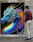 Noah looking at The Guardian, BLACK Canvas Originals museum wrap art print (72x54 inches), on museum stonewall.