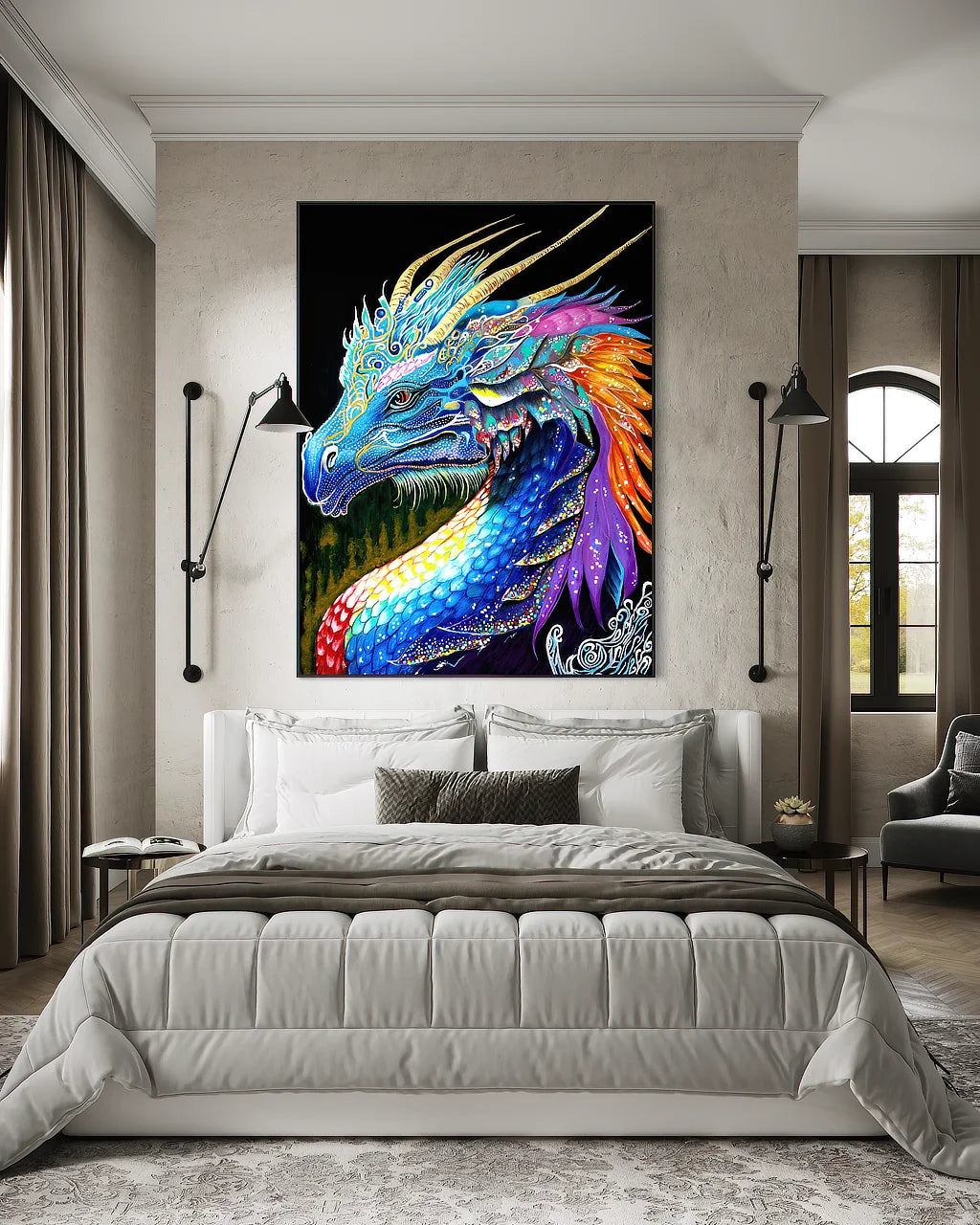 The Guardian, BLACK Canvas Original 72×54 in floating frame displayed as colorful fantasy dragon wall art in a modern bedroom interior.