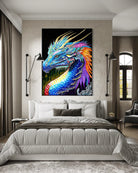 The Guardian BLACK Canvas Originals art print in black floating frame (72x54 inches), displayed in modern residential bedroom.