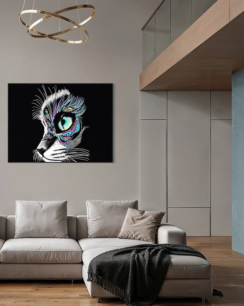 Moonlit Gaze 54x72 BLACK Canvas Original floating frame landscape statement art in contemporary loft interior
