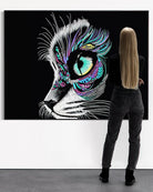 Olivia admiring Moonlit Gaze BLACK Canvas Originals art print framed (54x72 inches), landscape art in gallery.