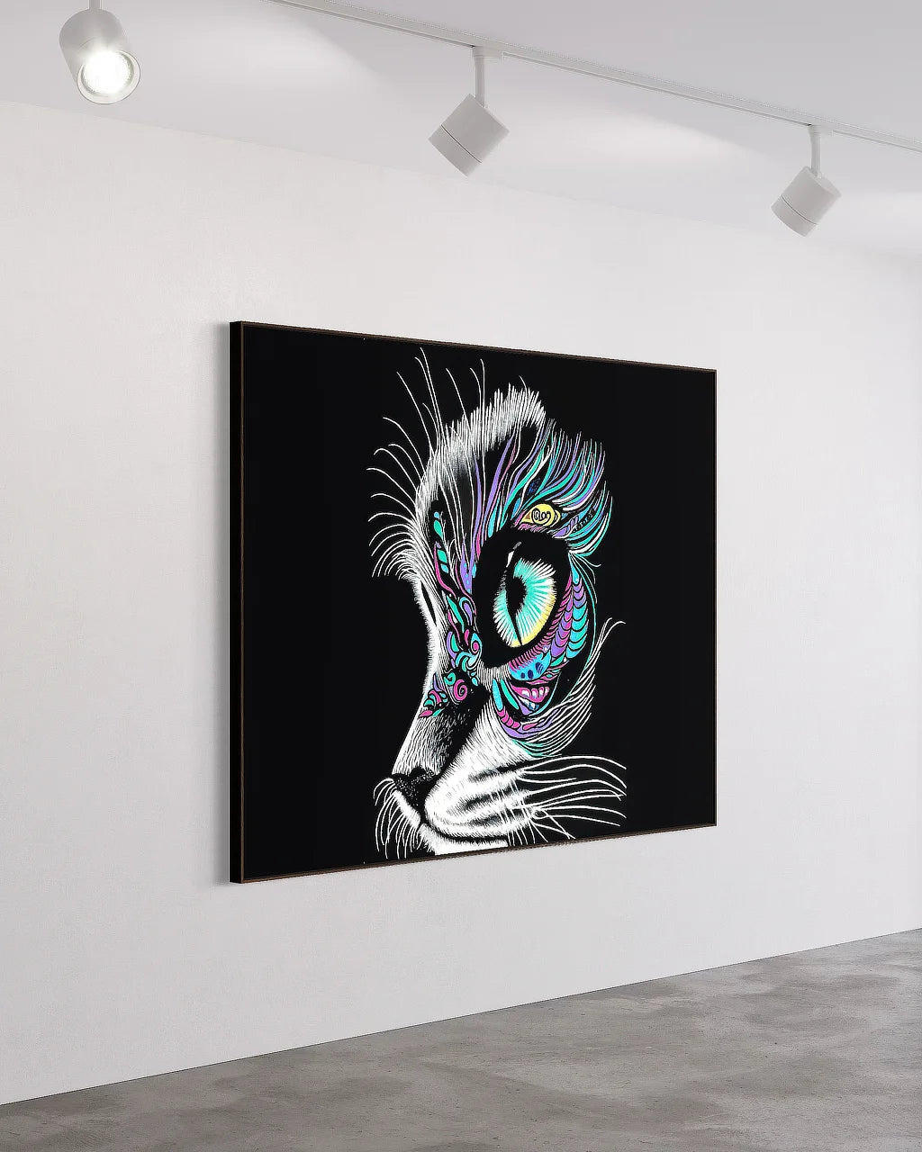 Moonlit Gaze 72x54 BLACK Canvas Original landscape statement art with Espresso frame in studio gallery interior.