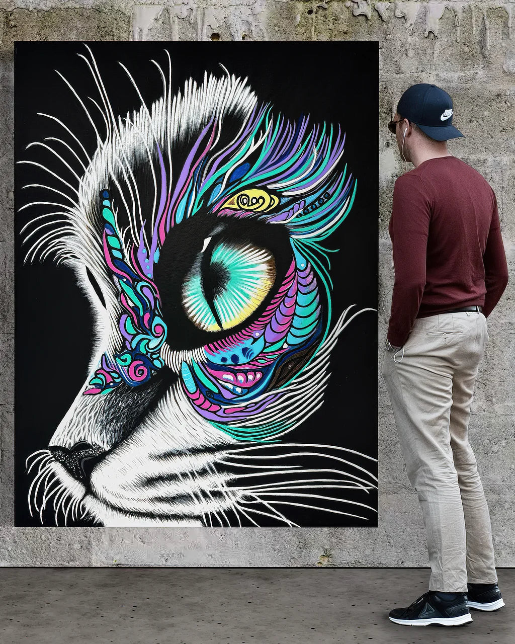 Noah looking at Moonlit Gaze, BLACK Canvas Originals museum wrap art print (72x54 inches), on museum stonewall.