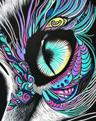 Macro detail of Moonlit Gaze original painting showing textured brushwork and layered acrylic around the eye.