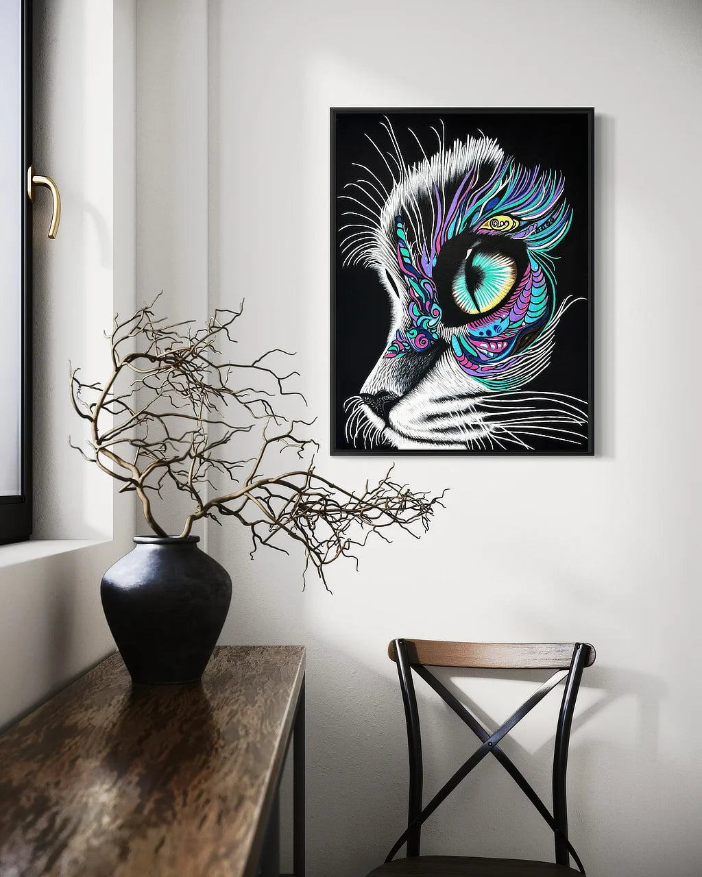 Moonlit Gaze original painting by Sonia Malboeuf  in black floating frame displayed in a collector’s home interior