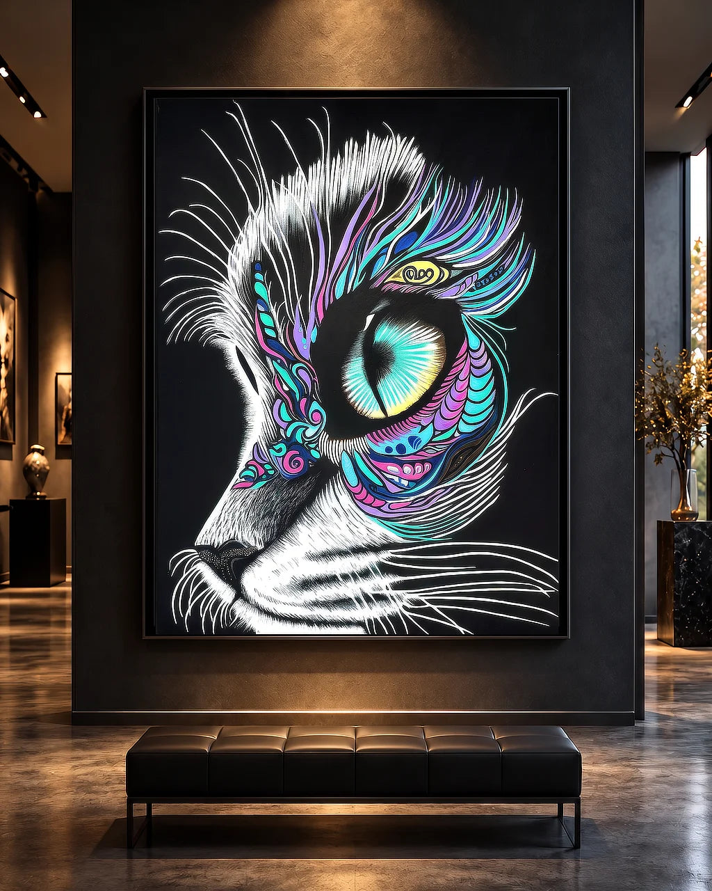 Moonlit Gaze BLACK Canvas Originals painting (72x54 inches) by Sonia Malboeuf, gallery exhibition.
