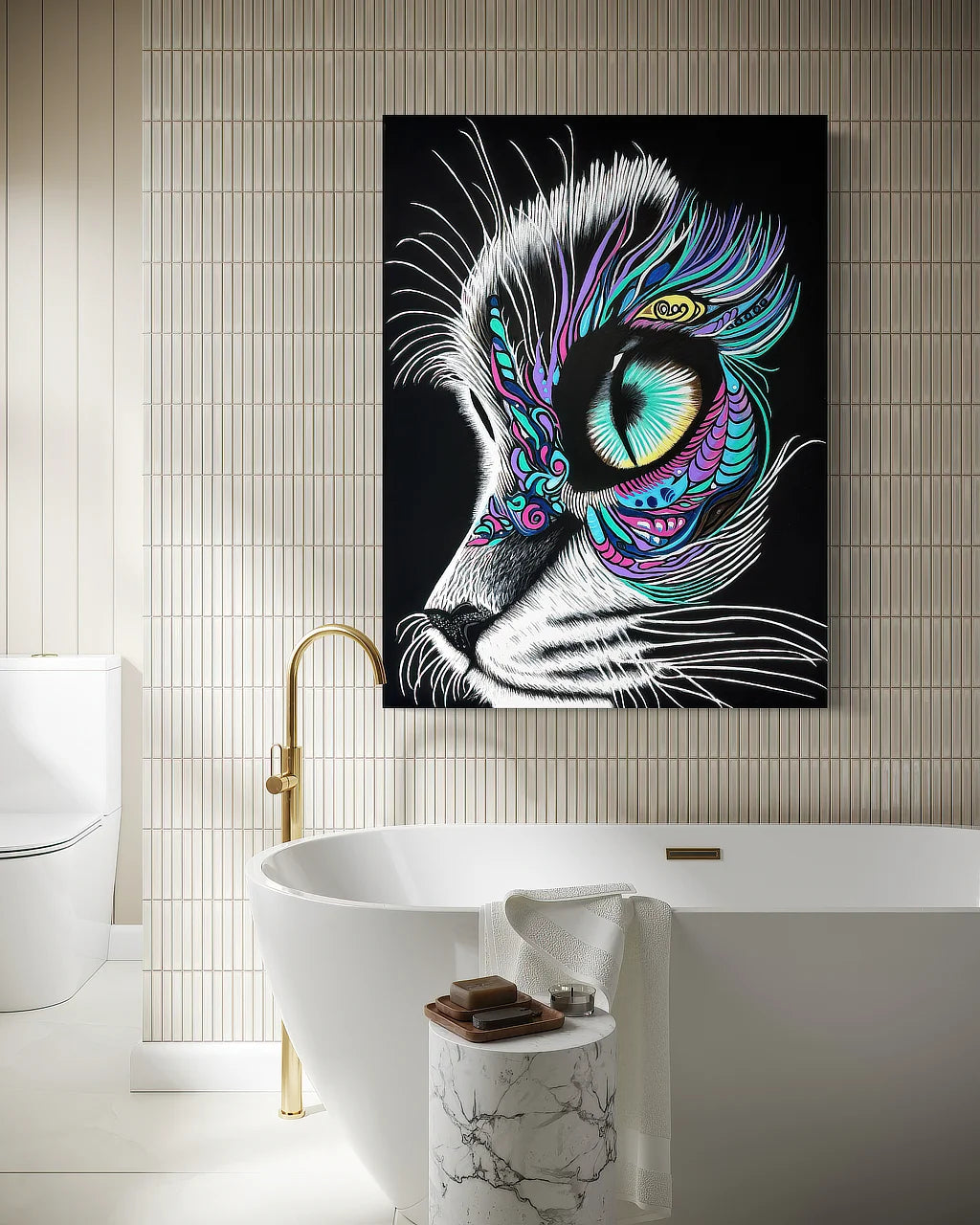 Moonlit Gaze Chromaluxe® HD Metal print displayed on vertical tile bathroom wall.