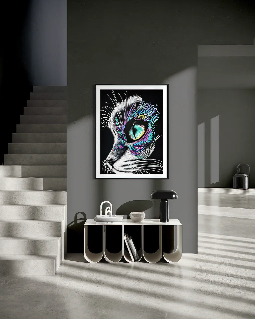 Moonlit Gaze BLACK Canvas Originals fine art matte paper print (40x30 inches), in minimalist hallway.