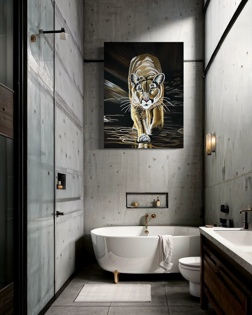 Mountain Lion-Kojo HD Metal  print in large bathroom