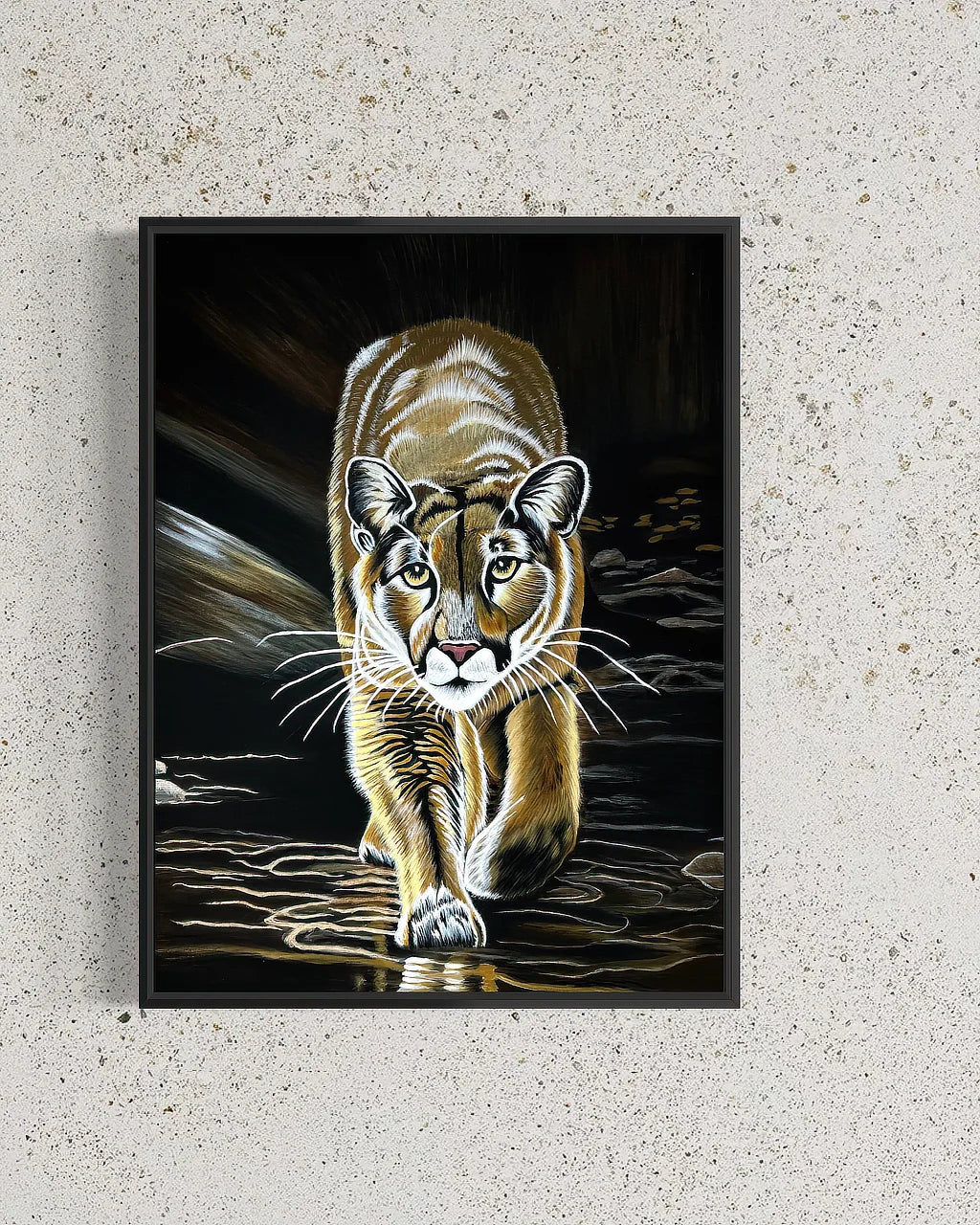 Mountain Lion-Kojo original painting on canvas by Sonia Malboeuf, close studio view with visible brush strokes