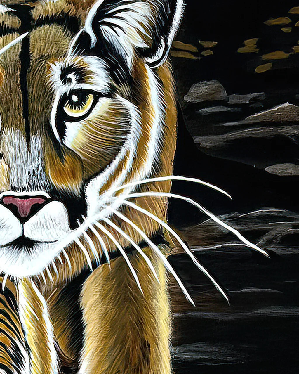 Macro detail of Mountain Lion-Kojo original painting showing textured brushwork and layered acrylic around the eye.