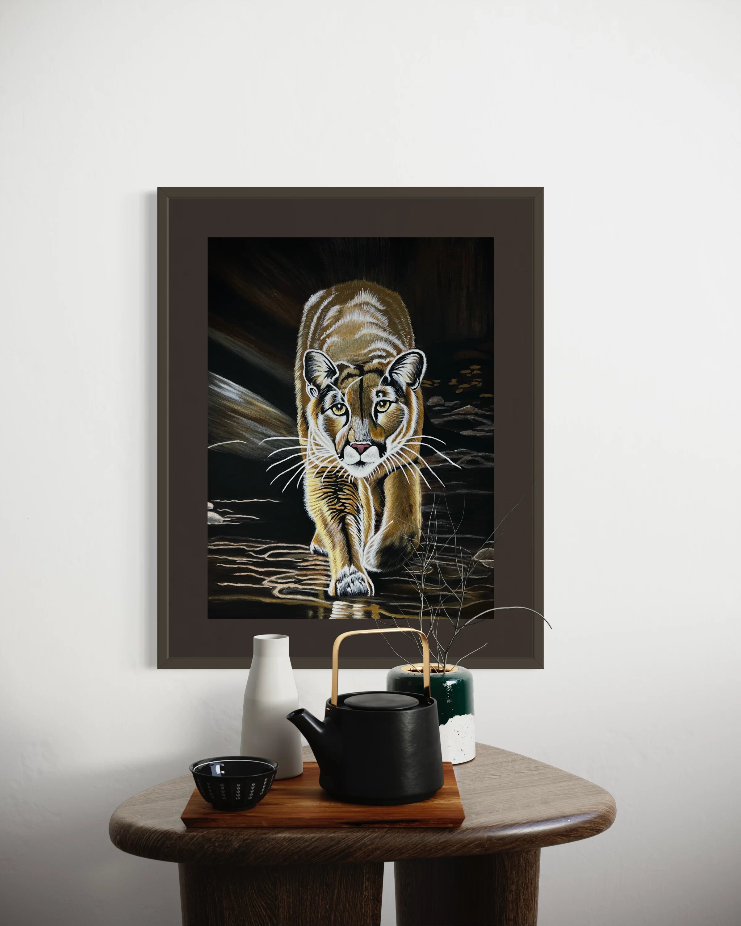 Mountain_Lion-Kojo original painting hanging over a teak table