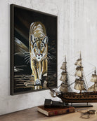 Mountain_Lion-Kojo original painting hanging over table with model schooner ship