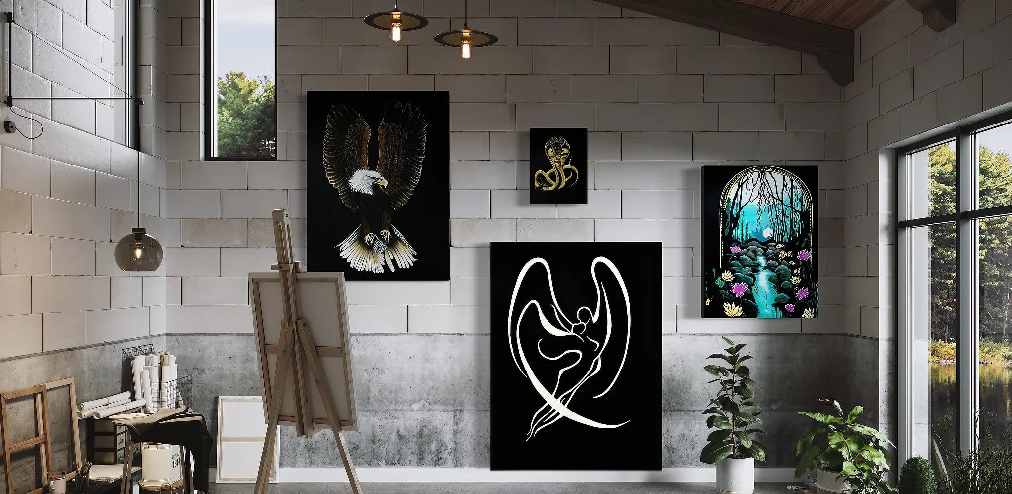Art studio with artwork by Sonia Malboeuf