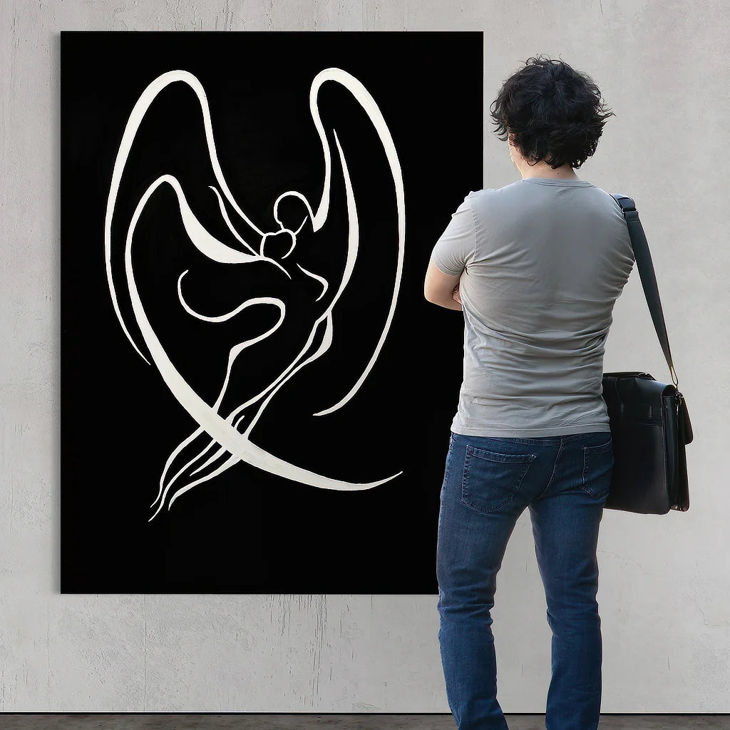 Guy with shoulder bag standing in front of Celestial Lover painting by Sonia Malboeuf