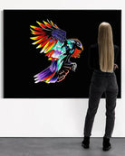 Olivia looking at Moonlit Gaze BLACK Canvas Original framed (54x72 inch), landscape statement art in gallery interior.