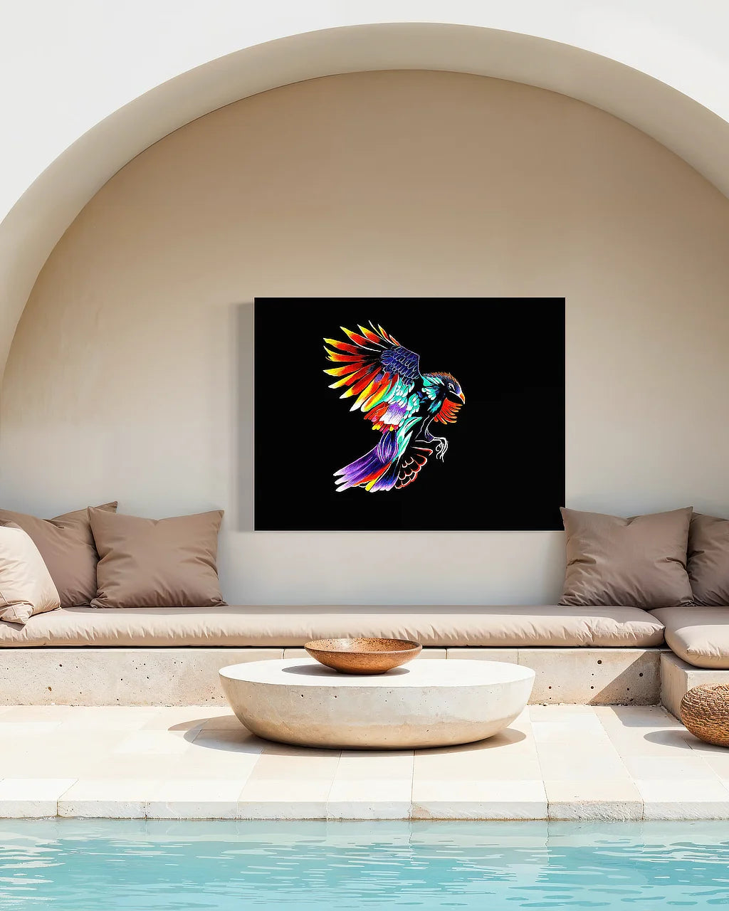 Rise Up BLACK Canvas Originals Chromaluxe® HD Metal indoor/outdoor wall art (36x48 inches), in patio area.