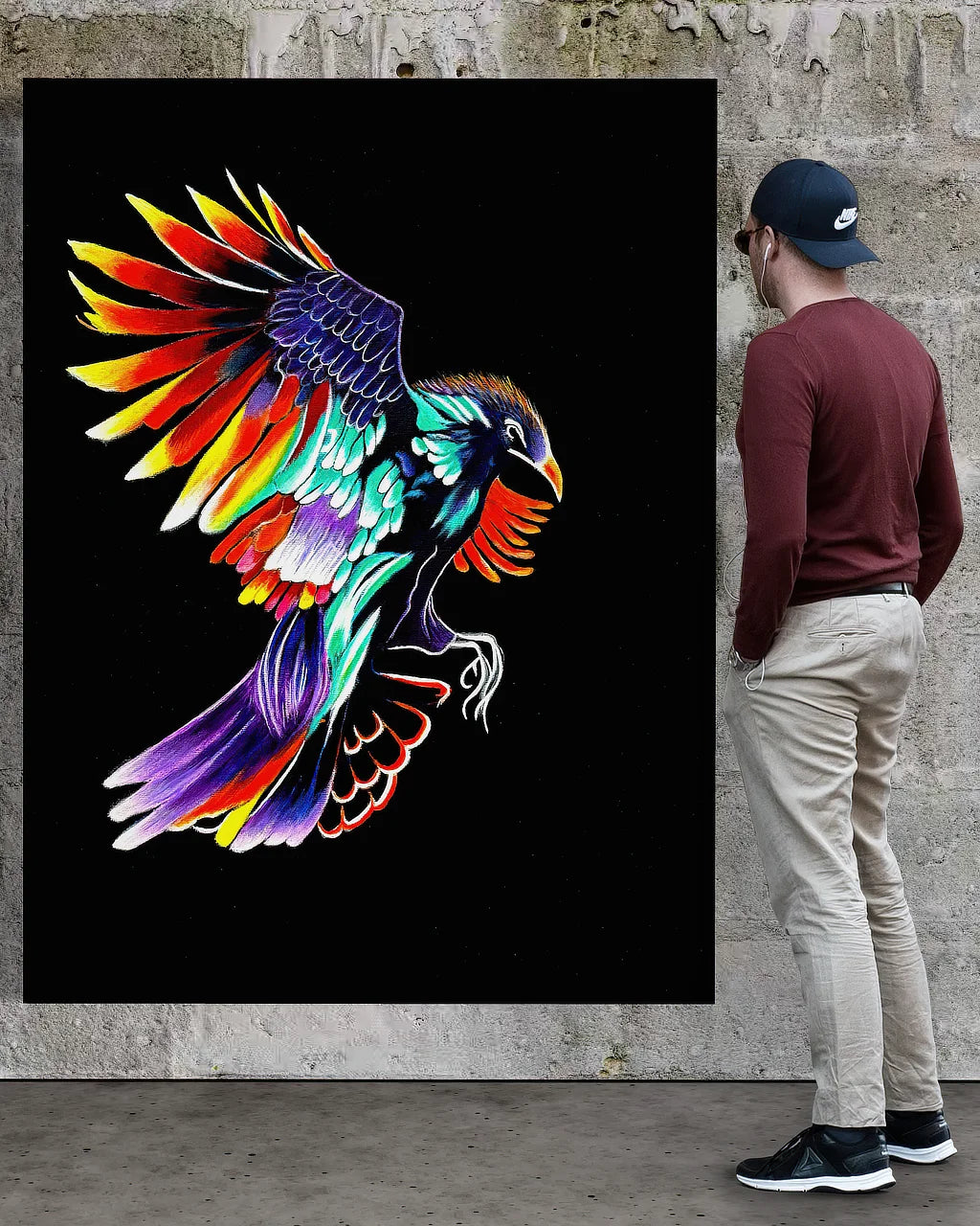 Noah looking at Rise Up, BLACK Canvas Originals museum wrap art print (72x54 inches), on museum stonewall.