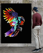 Noah looking at Rise Up, BLACK Canvas Originals museum wrap art print (72x54 inches), on museum stonewall.