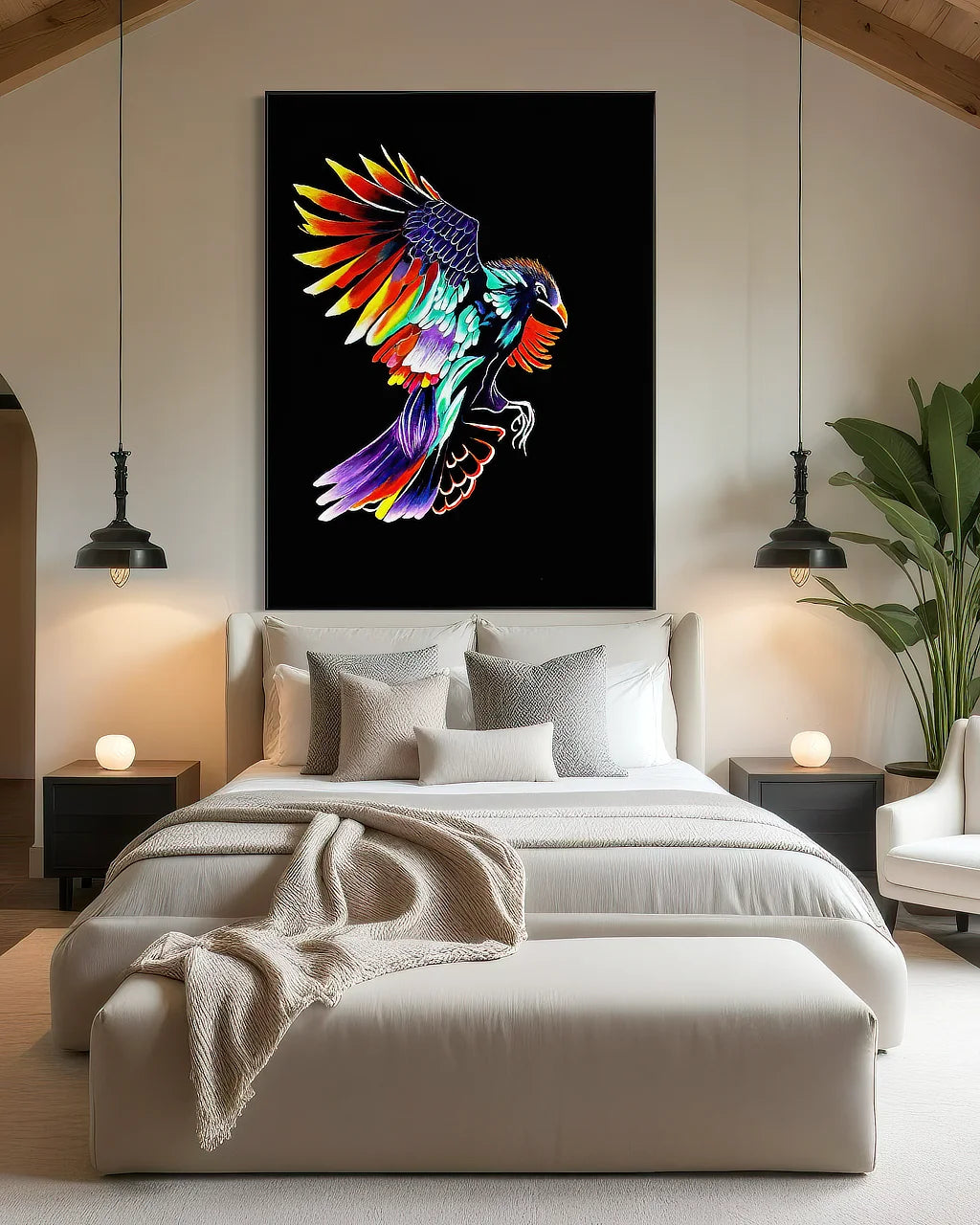 Rise Up BLACK Canvas Original art print in black floating frame (72x54 inches), displayed in modern residential bedroom.