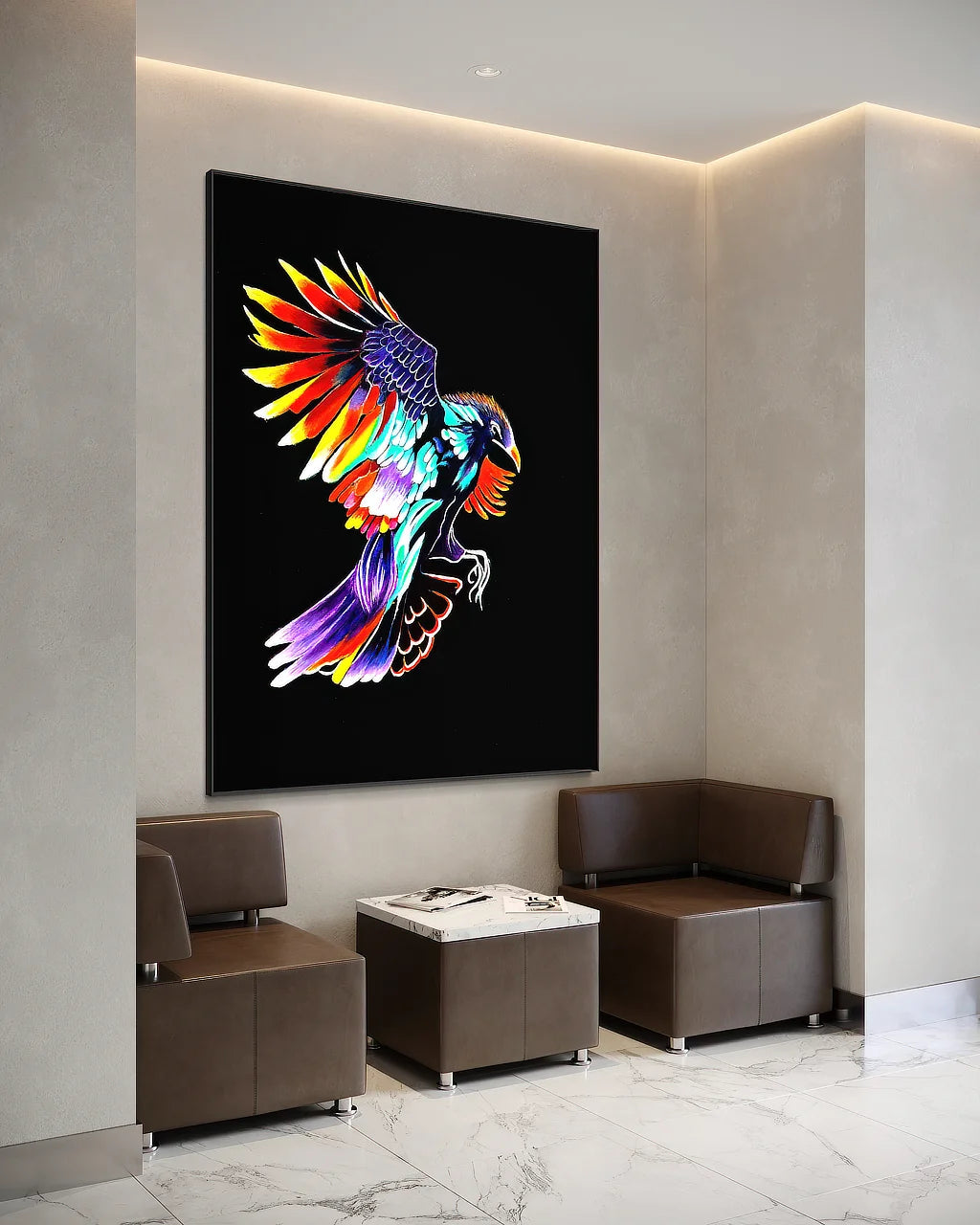 Rise Up BLACK Canvas Originals art print in black floating frame (72x54 inches), displayed in modern architectural reception space.