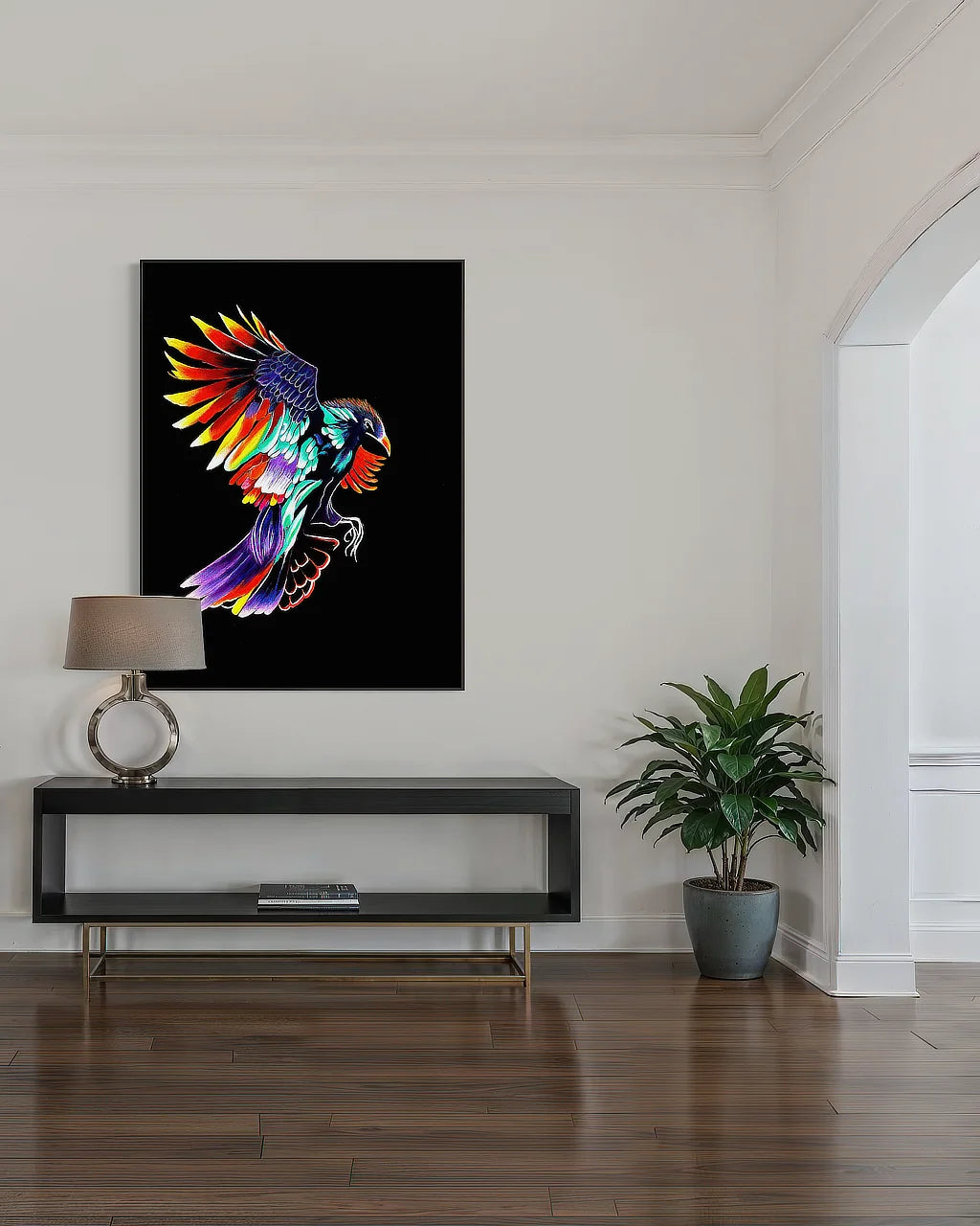 Rise Up BLACK Canvas Originals canvas art print (60x45 inch) in black floating frame, displayed above modern console table.