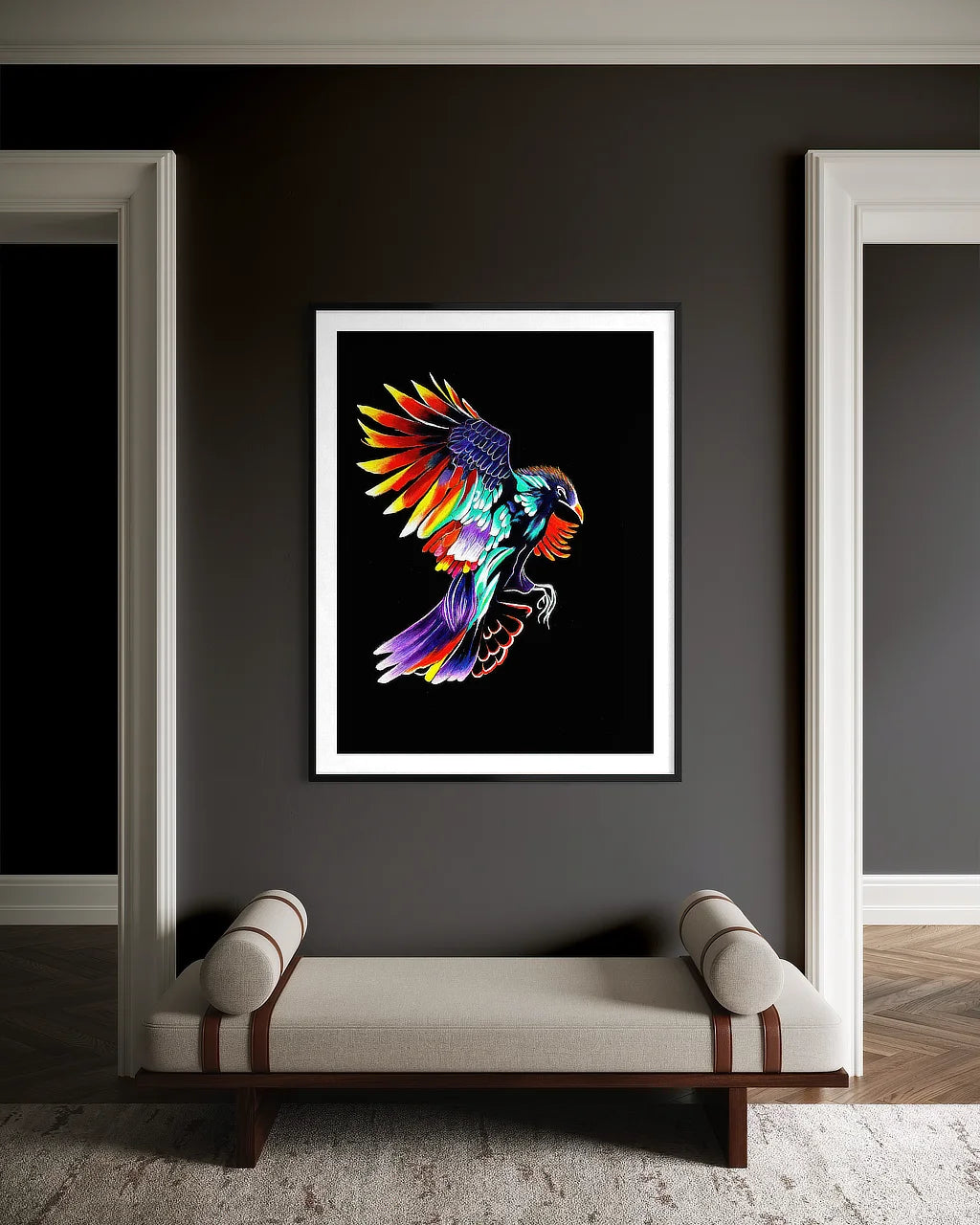 Rise Up BLACK Canvas Originals fine art matte paper print (40x30 inches), in minimalist hallway.