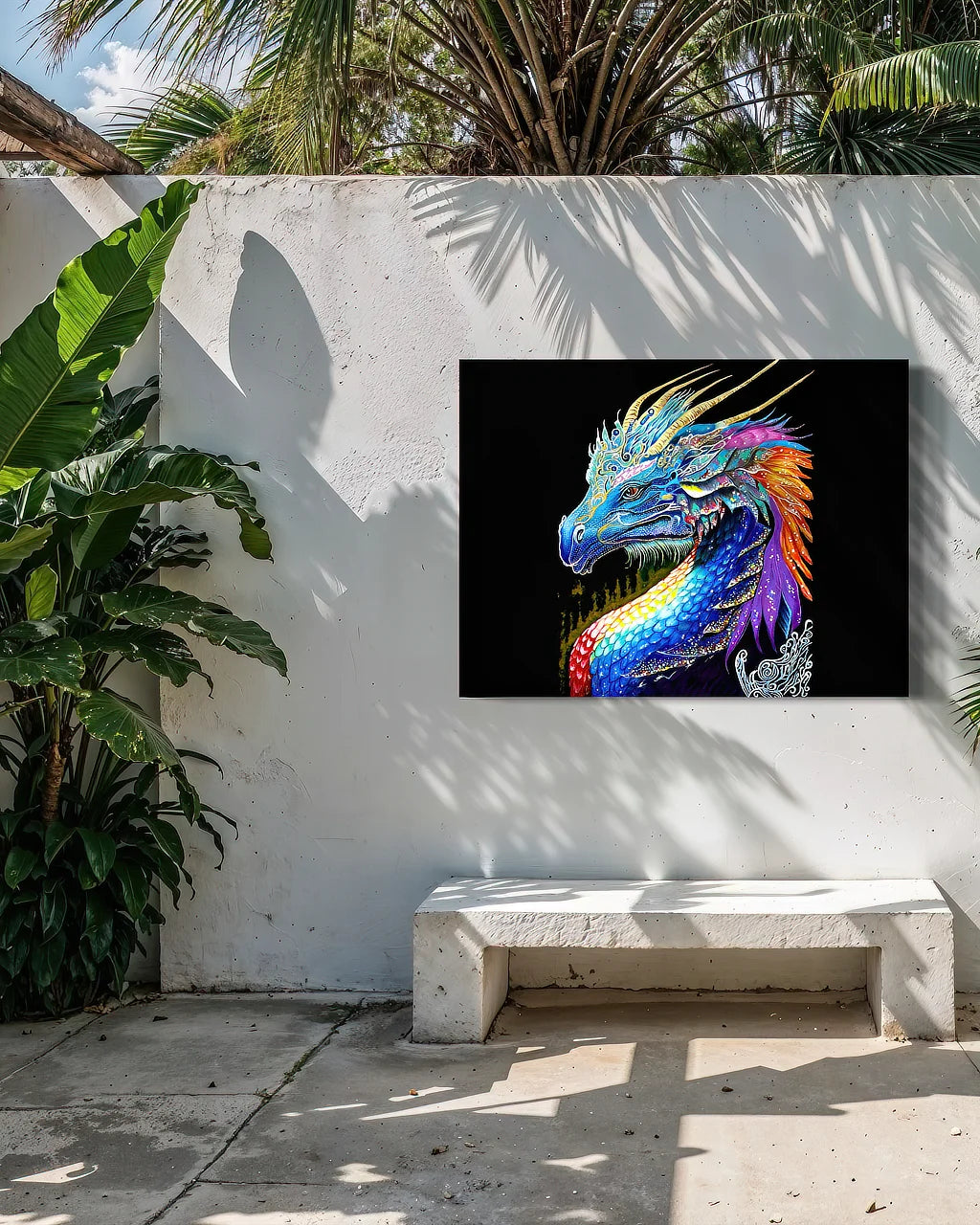 The Guardian BLACK Canvas Originals Chromaluxe® HD Metal indoor/outdoor wall art (36x48 inches), in patio space.