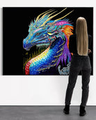 Olivia looking at The Guardian BLACK Canvas Originals framed (54x72 inch), landscape statement art in gallery.