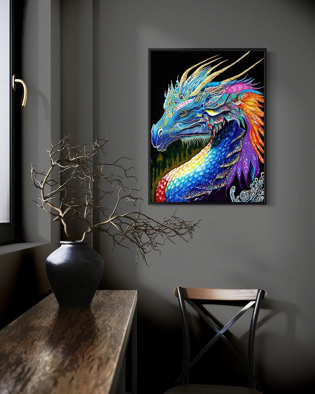 The Guardian BLACK Canvas Originals painting (24x18 inches) by Sonia Malboeuf, in a collector’s home.