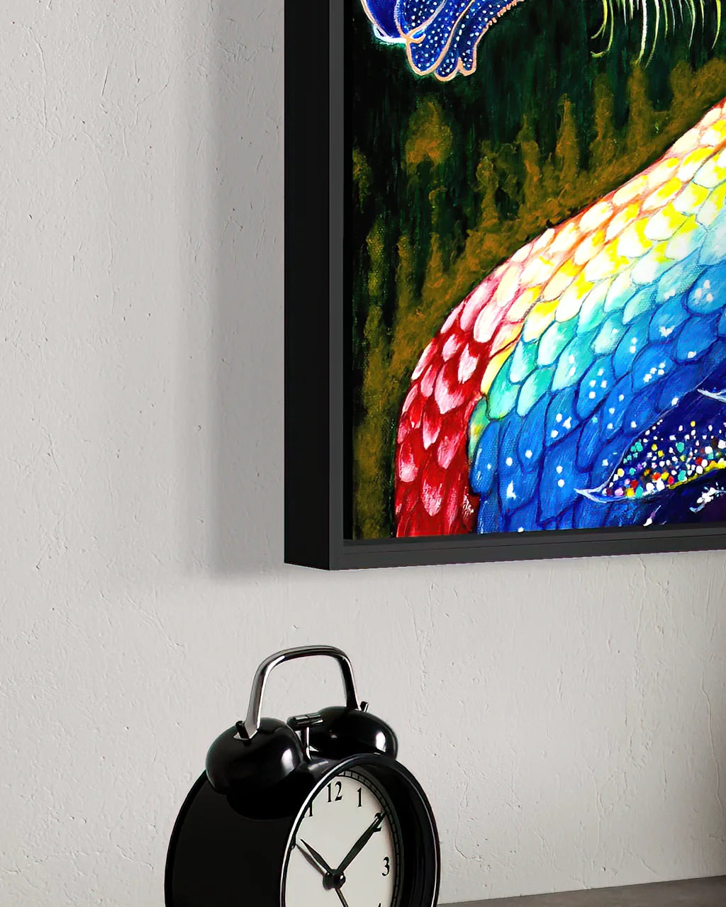 Floating frame detail of The Guardian BLACK Canvas Originals painting by Sonia Malboeuf, showing float profile.