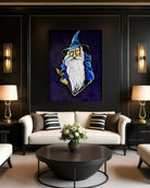 The Last Wizard BLACK Canvas Originals art print in black floating frame (72x54 inches), displayed in modern living room .