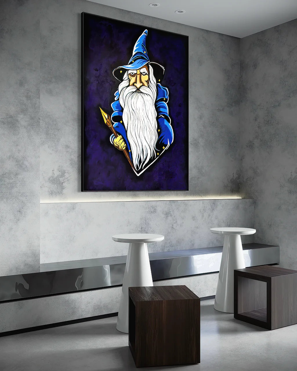The Last Wizard BLACK Canvas Originals art print in black floating frame (72x54 inches), in modern reception space.