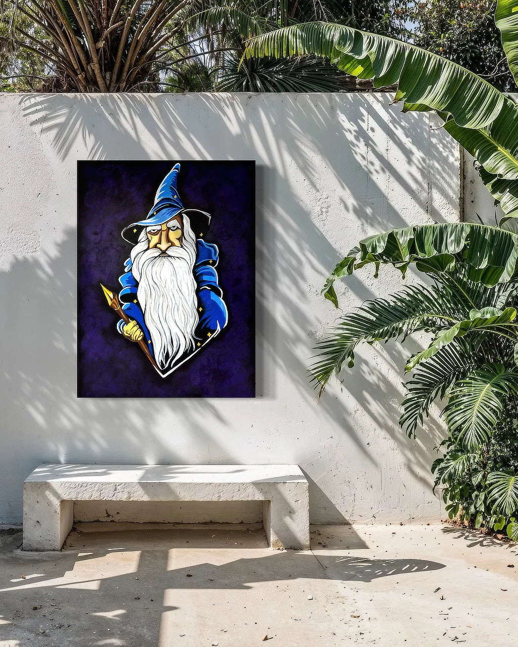 The Last Wizard BLACK Canvas Originals Chromaluxe® HD Metal (48x36  inch) indoor/outdoor wall art, on porch wall.