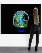 Olivia looking at The Secret Crossing BLACK Canvas Originals framed (54x72 inch), landscape statement art in gallery.