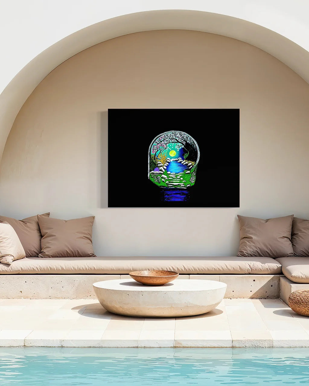 The Secret Crossing BLACK Canvas Originals Chromaluxe® HD Metal indoor/outdoor wall art (36x48 inches), in patio area.