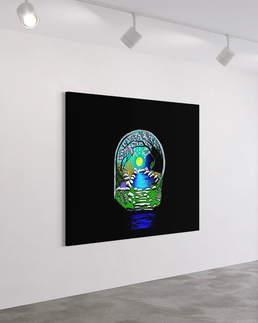 The Secret Crossing BLACK Canvas Originals museum wrap art print (54x72 inches), in photo studio.
