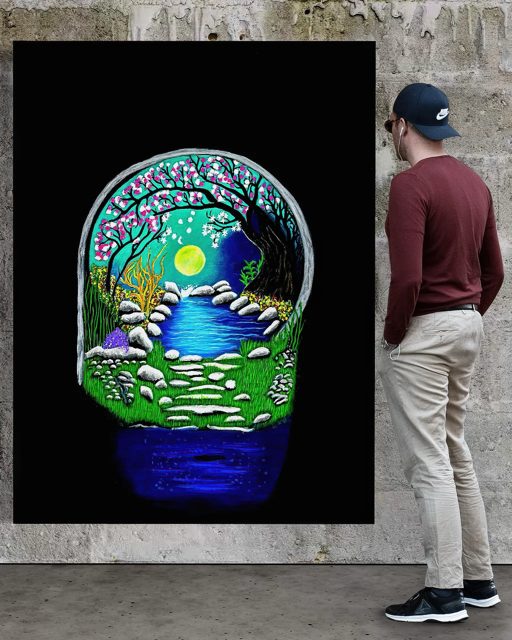 Noah looking at the Secret Crossing, BLACK Canvas Originals museum wrap art print (72x54 inches), on museum stonewall.