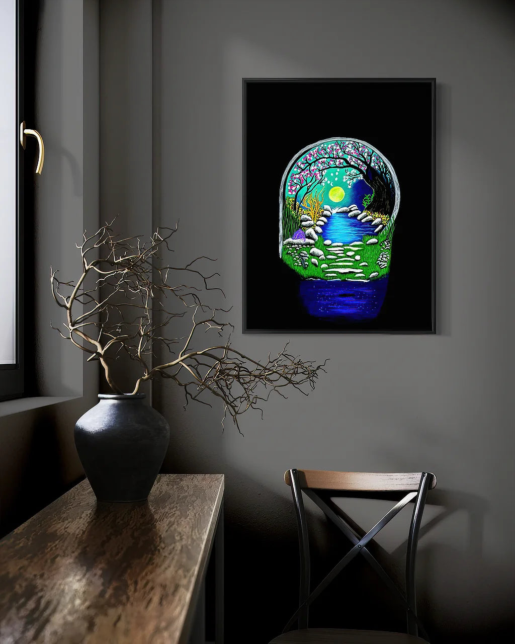 The Secret Crossing BLACK Canvas Originals painting (24x18 inches) by Sonia Malboeuf, in a collector’s home.