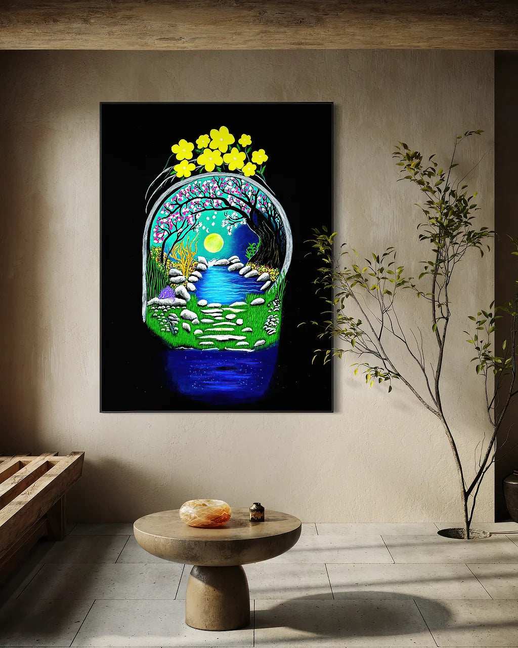 The Secret Crossing BLACK Canvas Originals art print (72x54 inches), in modern residential living room.