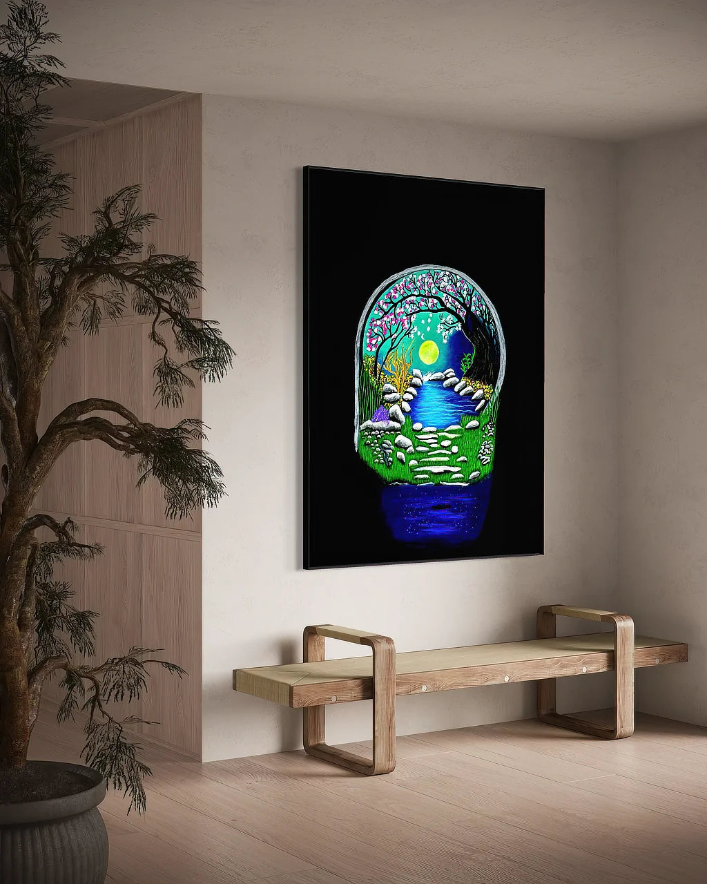 The Secret Crossing BLACK Canvas Originals art print (72x54 inches), in modern reception space.