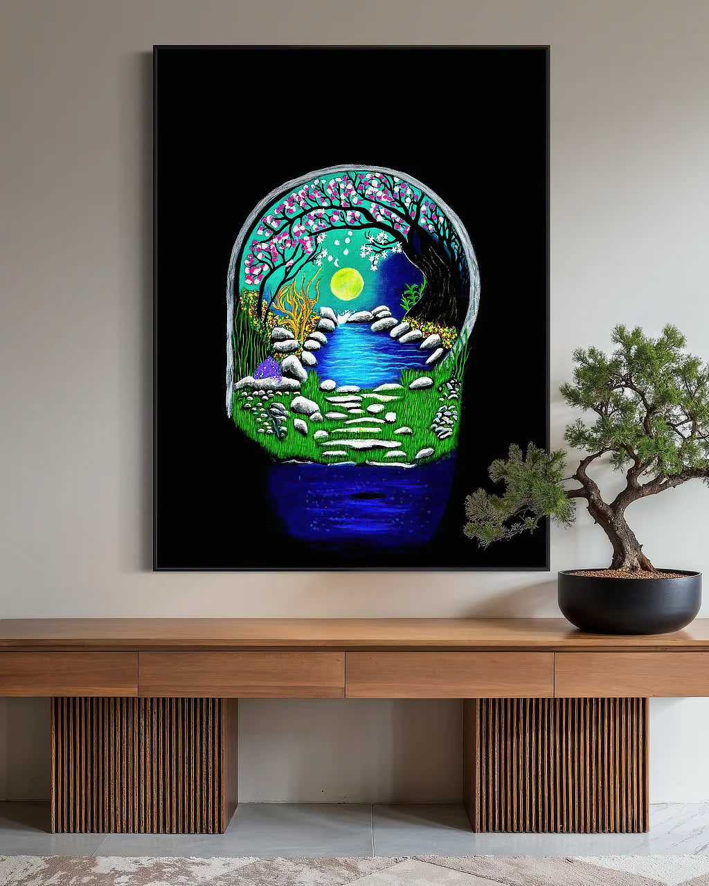 The Secret Crossing BLACK Canvas Originals canvas art print (60x45 inch), above modern console table.