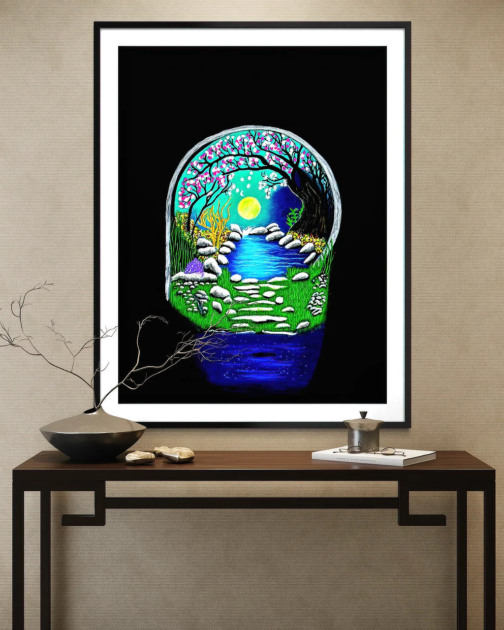 The Secret Crossing BLACK Canvas Originals fine art matte paper print (40x30 inches), in minimalist hallway.