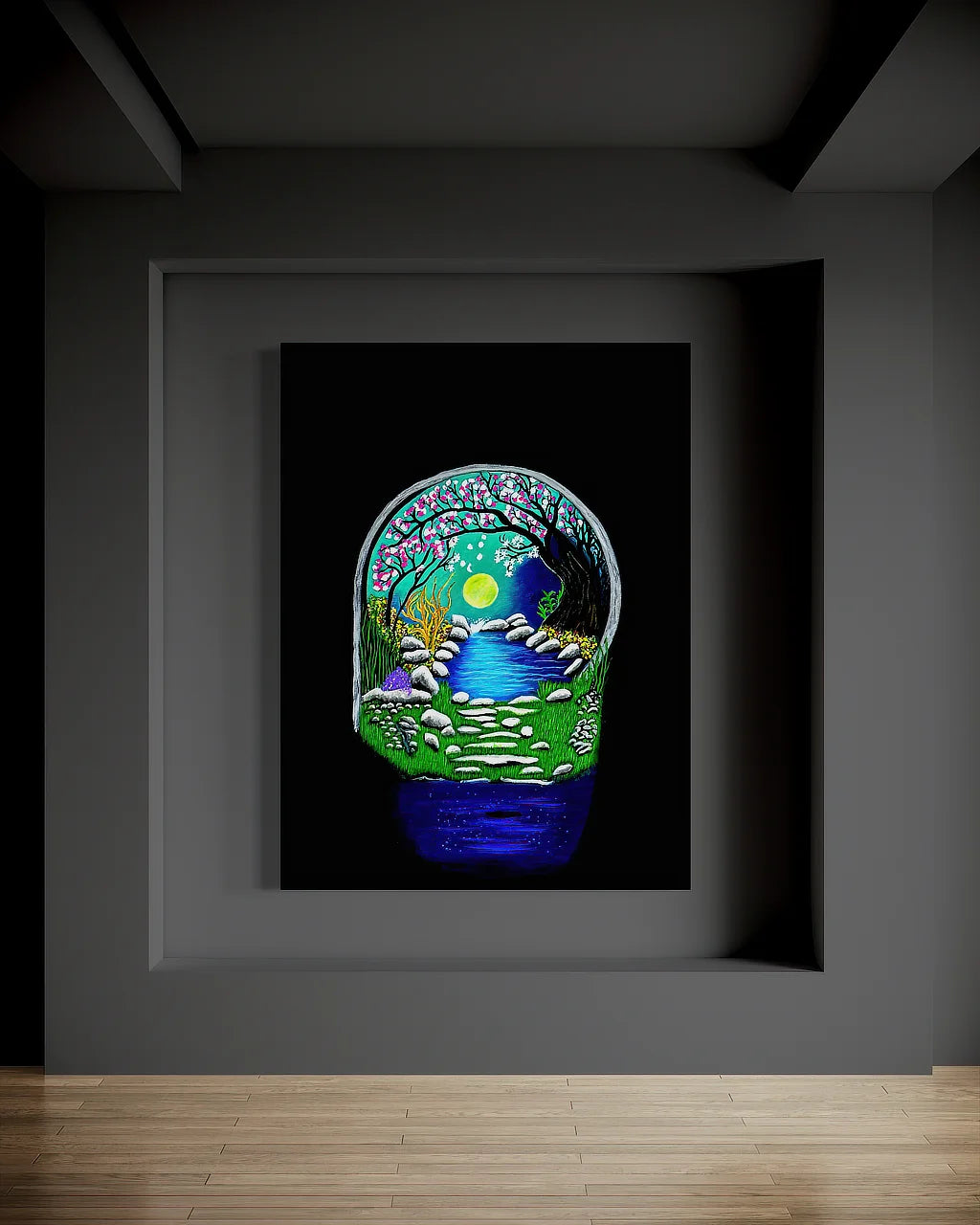 The Secret Crossing BLACK Canvas Originals painting (72x54 inches) by Sonia Malboeuf, gallery exhibition.