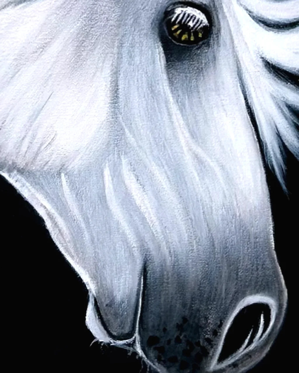 Macro detail of White Horse-Comb BLACK Canvas Originals painting by Sonia Malboeuf, close-up brushwork detail.