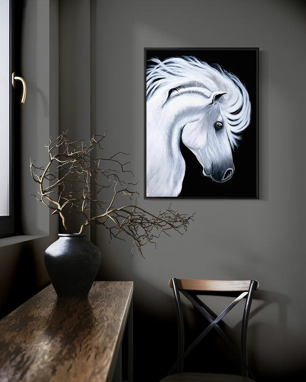 White Horse-Comb BLACK Canvas Originals painting 24x18 inches by Sonia Malboeuf, in a collector’s home.