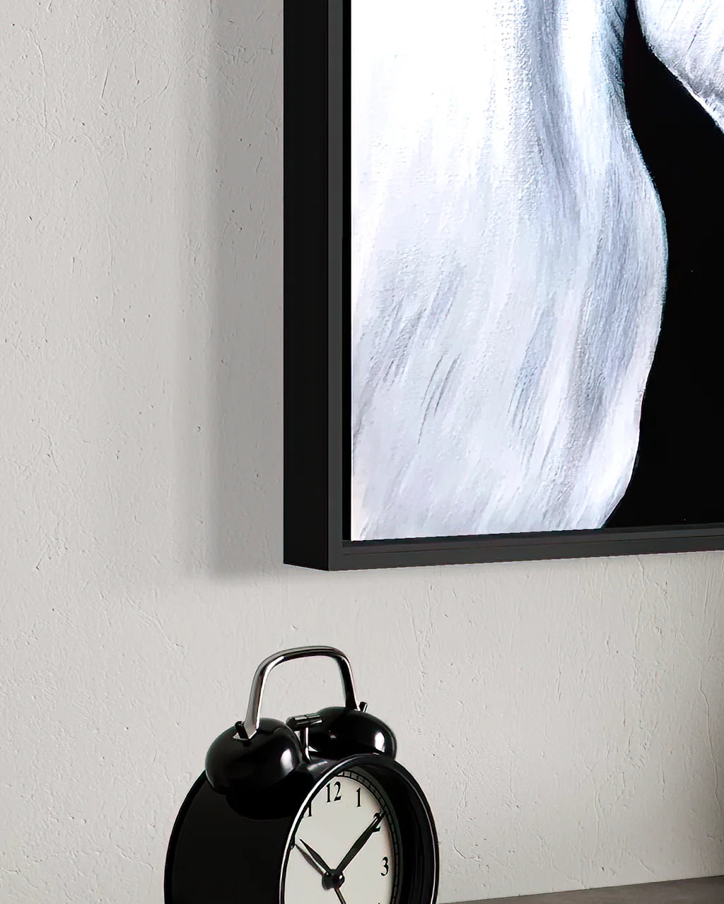 Floating frame detail of White Horse-Comb BLACK Canvas Originals painting by Sonia Malboeuf, showing float profile.