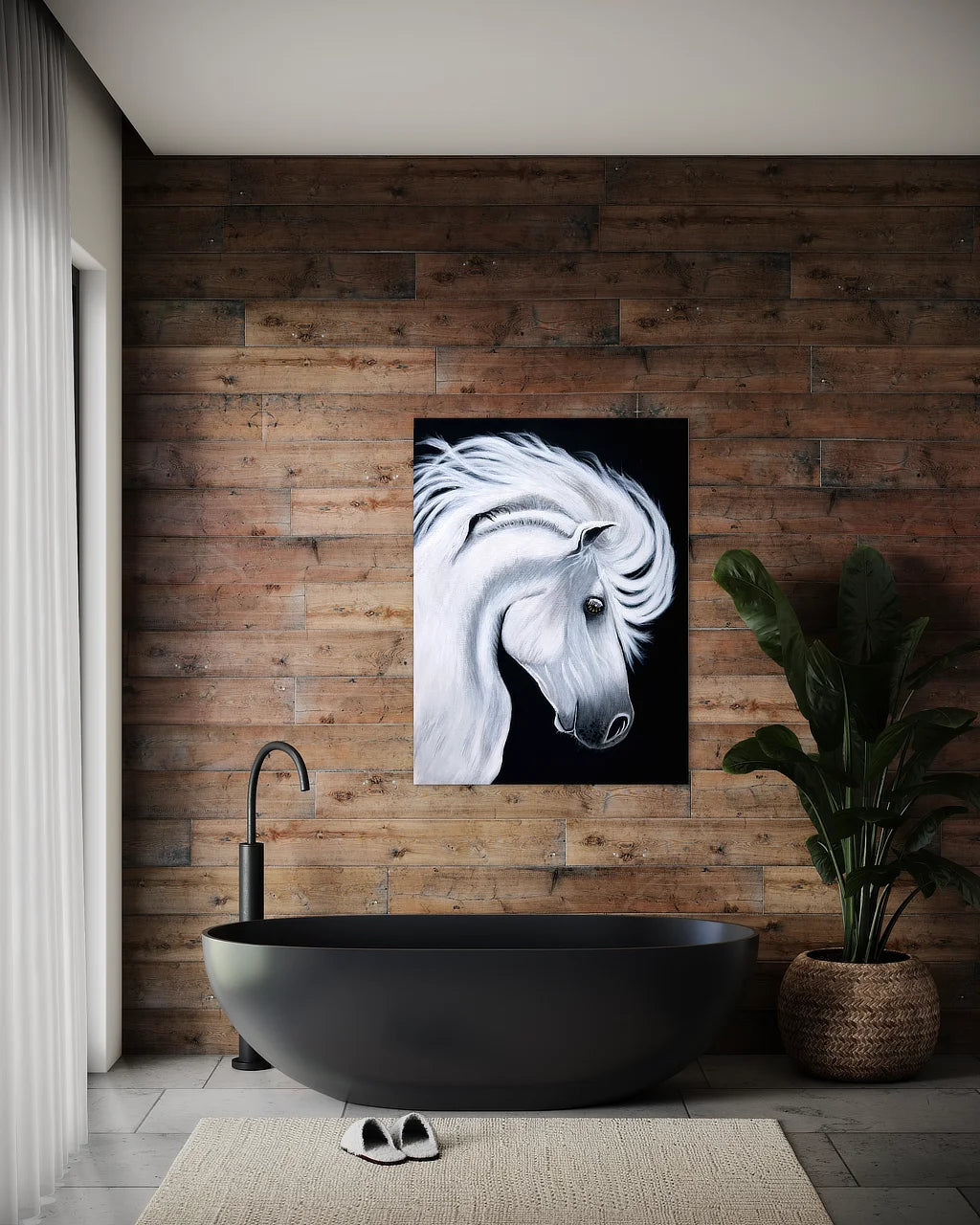 What horse head print hanging over a black bathtub.